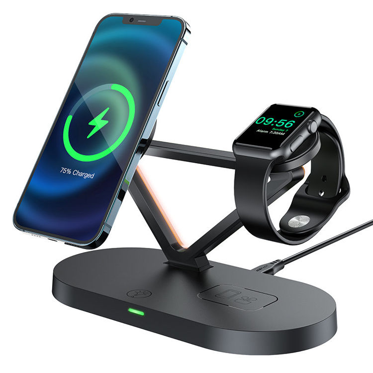 Picture of Acefast 15W Qi Wireless Charger for iPhone (with MagSafe), Apple Watch and Apple AirPods Stand Holder Magnetic Holder Black