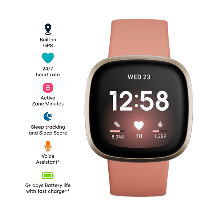 صورة Fitbit Versa 3 GPS Smartwatch (Pink Clay / Soft Gold Aluminum)