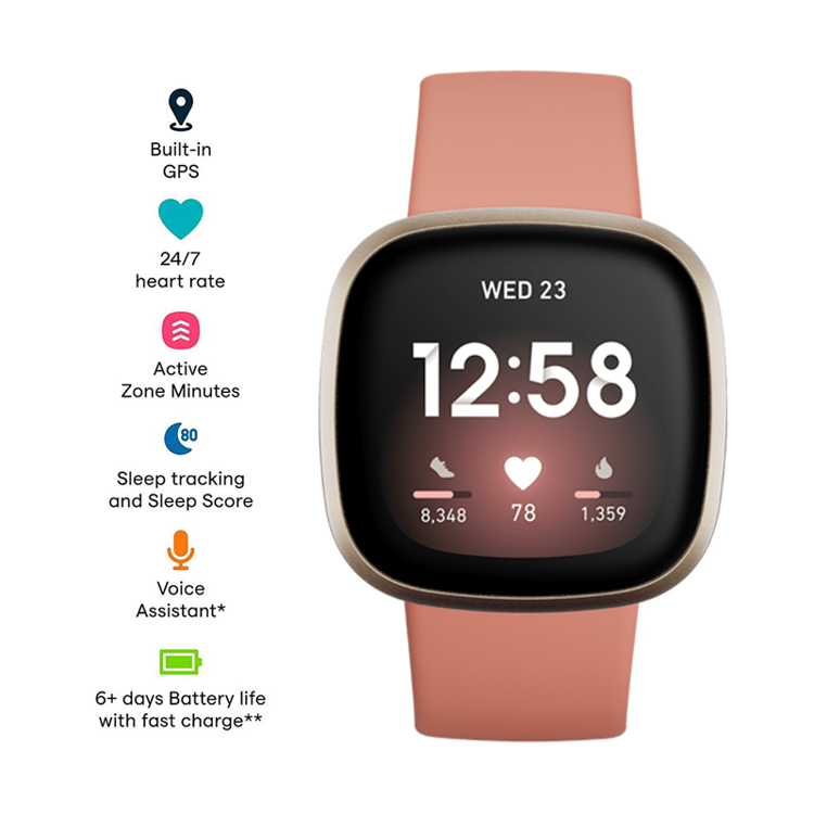 Picture of Fitbit Versa 3 GPS Smartwatch (Pink Clay / Soft Gold Aluminum)