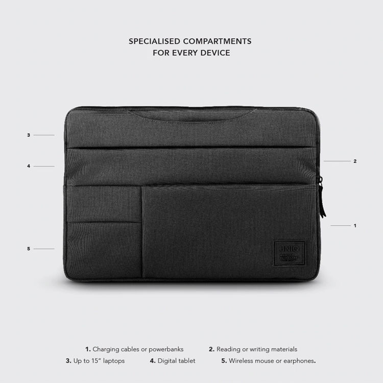 صورة UNIQ CAVALIER 2-IN-1 LAPTOP SLEEVE (UP TO 15 INCH) CHARCOAL 
(BLACK)"