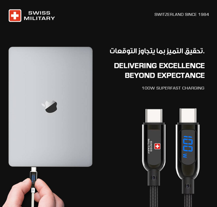 صورة SWISS MILITARY USB-C TO USB-C 100W 2 METERS CABLE- WHITE