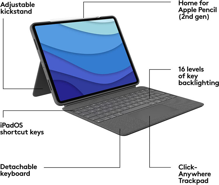 صورة Logitech Combo Touch for iPad Pro 12.9-inch (5th generation) Grey Smart Connector QWERTY Arabic
