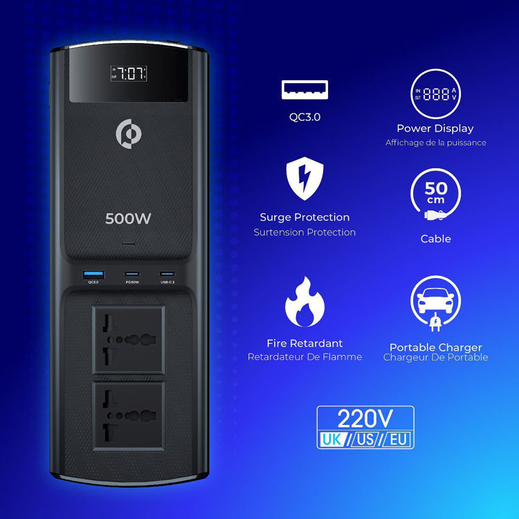 صورة Powerology 500W Universal Multi-Port Car Inverter with Dual USB-C Output