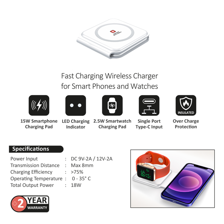 صورة SWISS MILITARY MAGSAFE POWER 2 IN 1 FAST WIRELESS CHARGER MW-WHITE