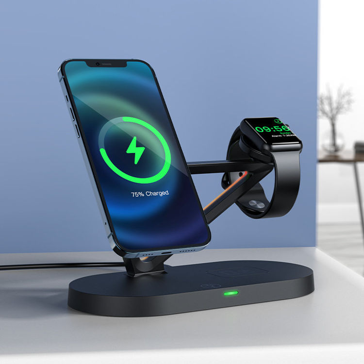 صورة Acefast 15W Qi Wireless Charger for iPhone (with MagSafe), Apple Watch and Apple AirPods Stand Holder Magnetic Holder Black