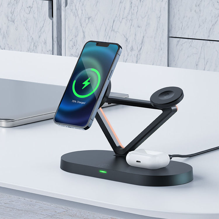 صورة Acefast 15W Qi Wireless Charger for iPhone (with MagSafe), Apple Watch and Apple AirPods Stand Holder Magnetic Holder Black