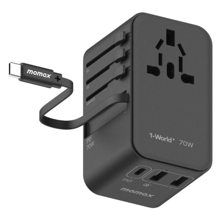 Picture of MOMAX 1-WORLD 70W GAN 3 PORT WITH BUILT-IN USB-C CABLE AC TRAVEL ADAPTOR Black _UA18D
