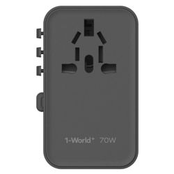 Picture of MOMAX 1-WORLD 70W GAN 3 PORT WITH BUILT-IN USB-C CABLE AC TRAVEL ADAPTOR Black _UA18D
