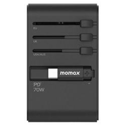 Picture of MOMAX 1-WORLD 70W GAN 3 PORT WITH BUILT-IN USB-C CABLE AC TRAVEL ADAPTOR Black _UA18D