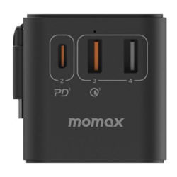 Picture of MOMAX 1-WORLD 70W GAN 3 PORT WITH BUILT-IN USB-C CABLE AC TRAVEL ADAPTOR Black _UA18D
