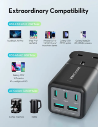 Picture of RAVpower 75W Power Strip 5-Port with AC Outlets UK plug + Travel Charger Adapter - Black